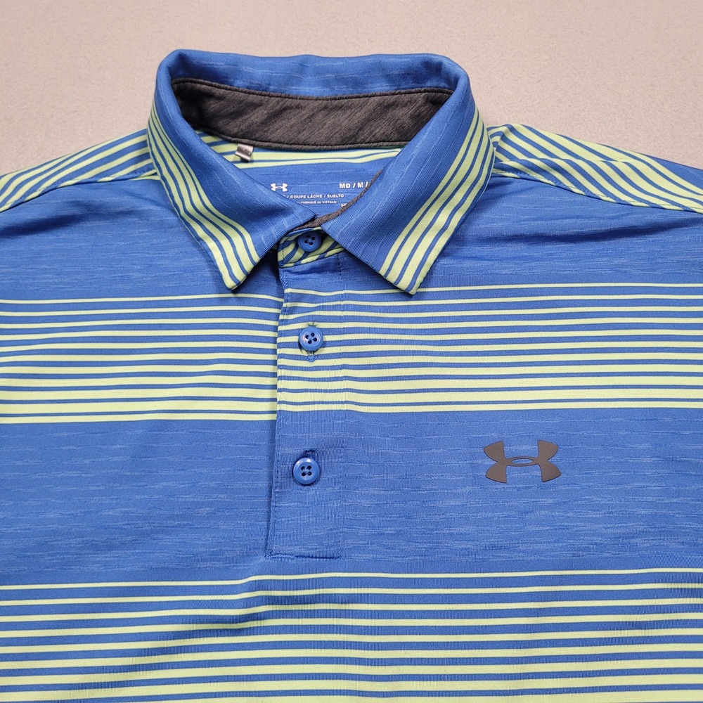 Under Armour Heatgear Mens Medium Blue Green Striped Short Sleeve Polo 1253479